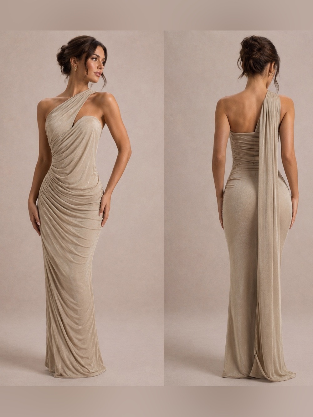 HAUTE Asymmetrical Ruched Bodycon Maxi Dress S BNWOT Beige One Shoulder